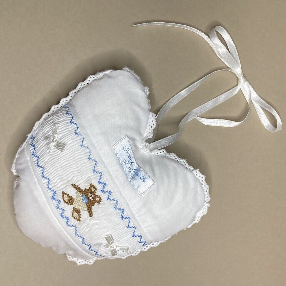 Princess Linens Music Pillow White It’s A Small World Heart Shape Smocking Bear
